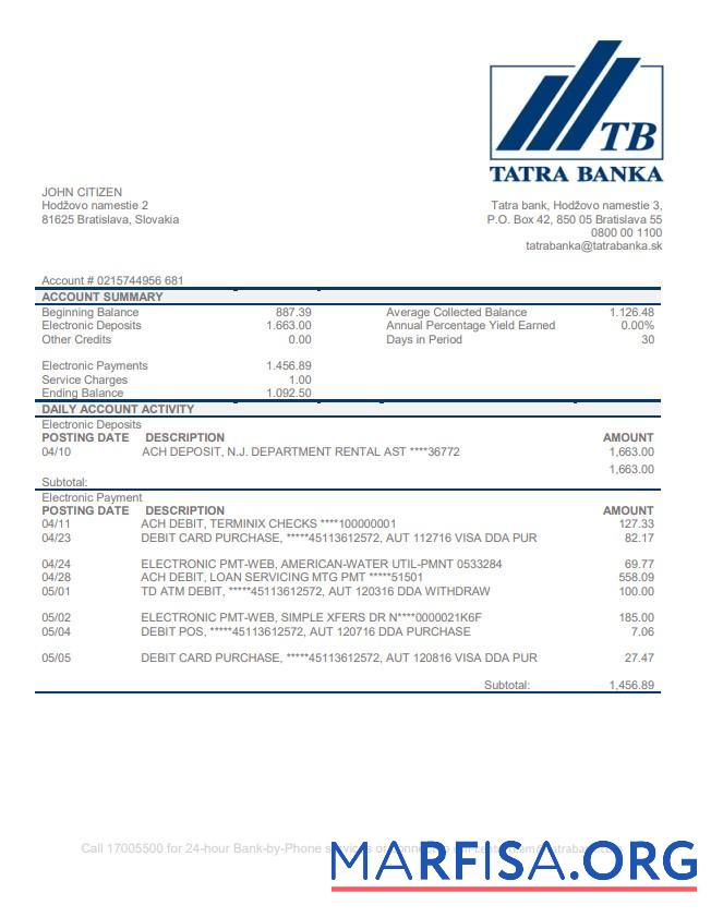 Blank Slovakia Tatra Bank proof of address statement word example